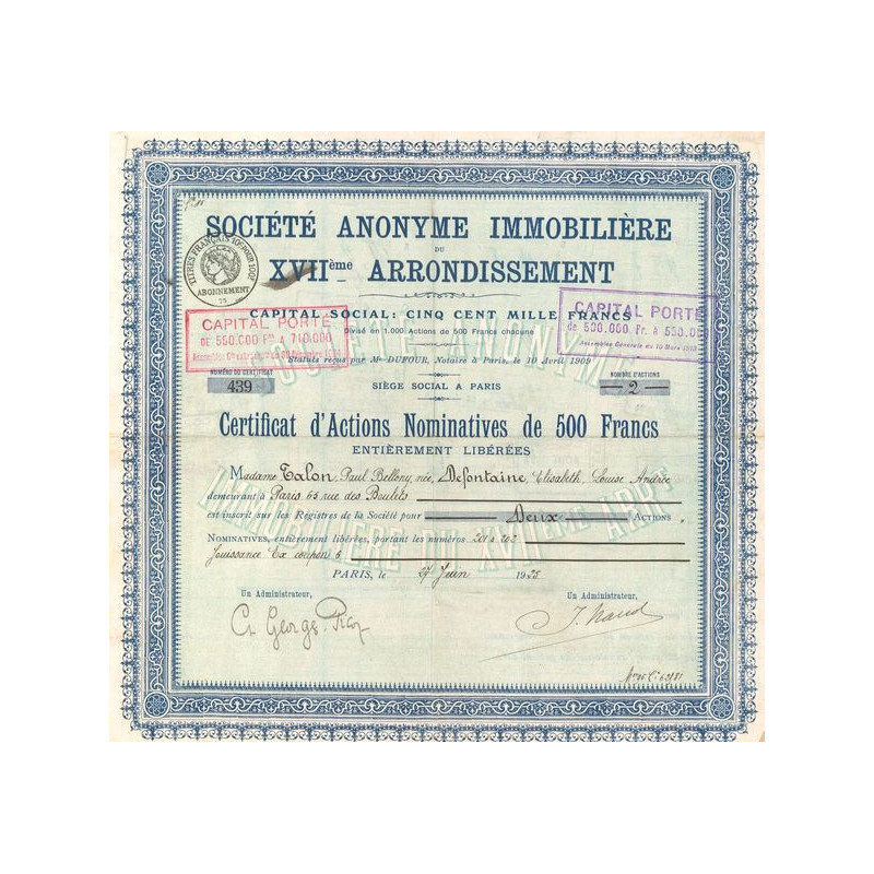 Sté Immobilière du XVIIème Arrondissement (Certif Nomin 500 F)