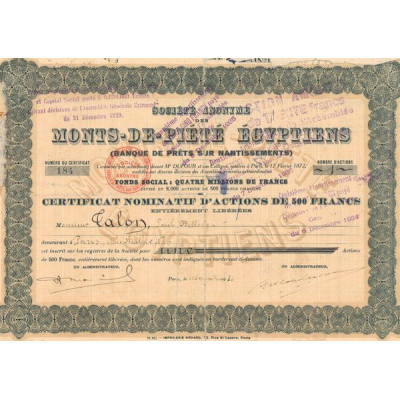 S.A. Monts-de-Piété Egyptiens (Banque de Prêts sur Nantissements)(Certif Nomin 500 F)