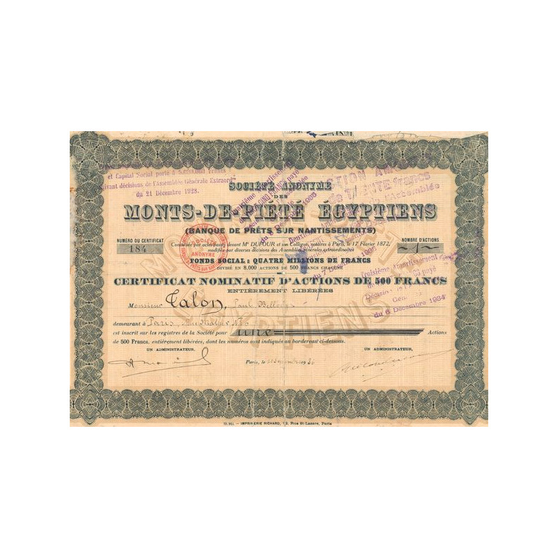S.A. Monts-de-Piété Egyptiens (Banque de Prêts sur Nantissements)(Certif Nomin 500 F)