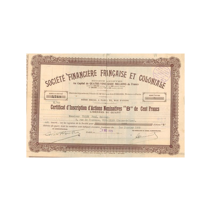 Sté Financière Française et Coloniale (CN Act B 100 F)