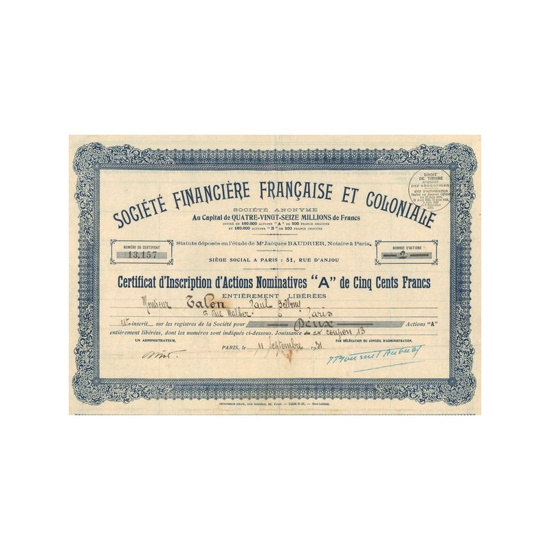Sté Financière Française et Coloniale (CN Act A 500 F)