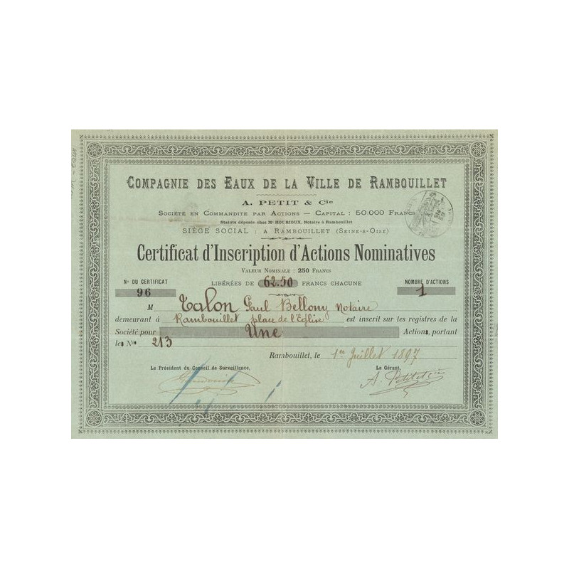 Cie des Eaux de la Ville de Rambouillet (Certif d'Act Nomin 250 F)