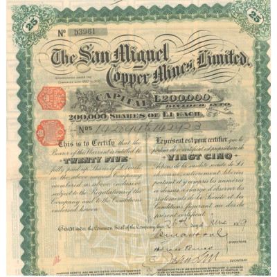 The San Miguel Copper Mines Ltd (Titre 25 Act 1£)
