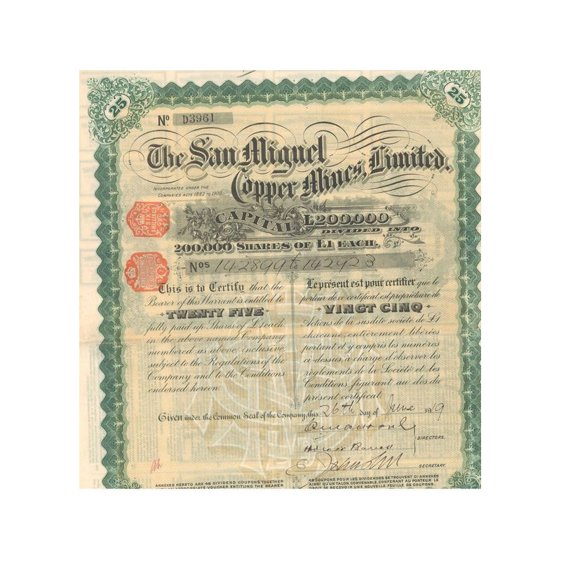 The San Miguel Copper Mines Ltd (Titre 25 Act 1£)