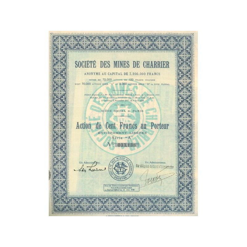 Sté des Mines de Charrier (Act 100 F)