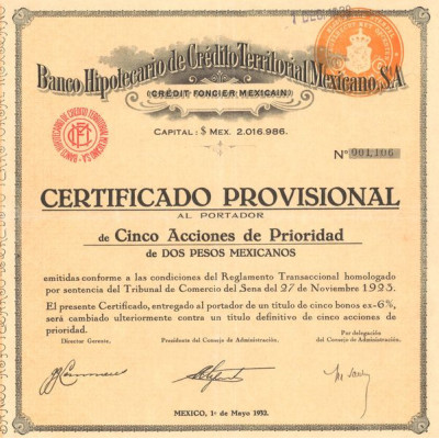 Banco Hipothécario de Crédito Territorial Mexicano - Crédit Foncier Mexicain (Certif 05 Act 2 Pesos)