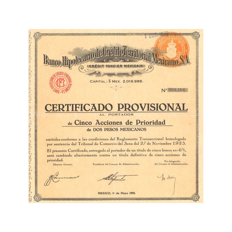 Banco Hipothécario de Crédito Territorial Mexicano - Crédit Foncier Mexicain (Certif 05 Act 2 Pesos)