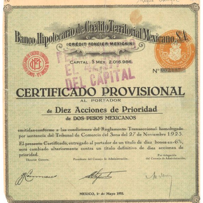 Banco Hipothécario de Crédito Territorial Mexicano - Crédit Foncier Mexicain (Certif 10 Act 2 Pesos)