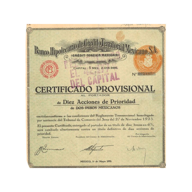 Banco Hipothécario de Crédito Territorial Mexicano - Crédit Foncier Mexicain (Certif 10 Act 2 Pesos)