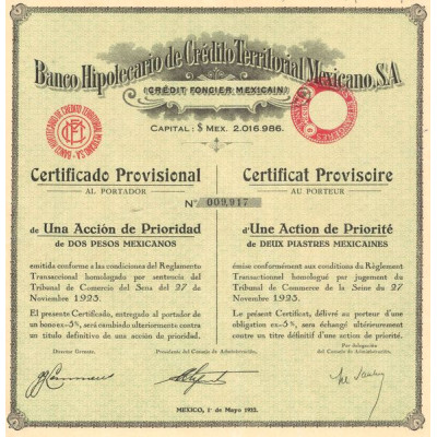Banco Hipothécario de Crédito Territorial Mexicano - Crédit Foncier Mexicain (Certif 01 Act 2 Pesos)