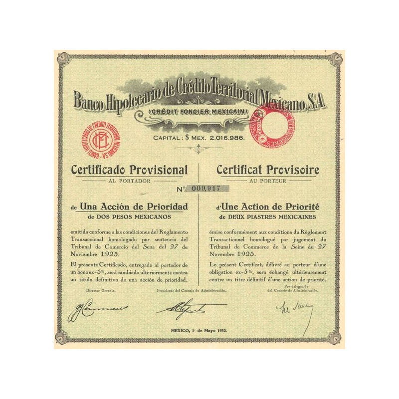Banco Hipothécario de Crédito Territorial Mexicano - Crédit Foncier Mexicain (Certif 01 Act 2 Pesos)