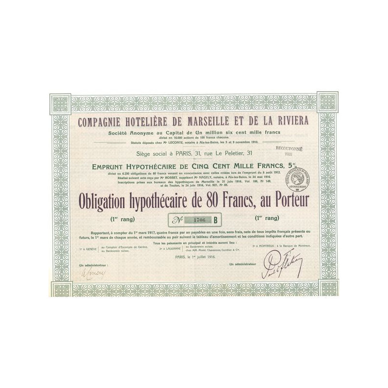 Cie Hôtelière de Marseille et de la Riviera (Obl Hypo 80 F)