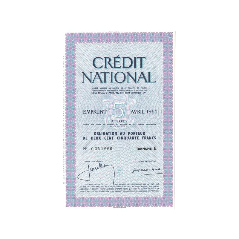 Crédit National - Emprunt 5 % Avril 1964 à lots - Tranche E (Obl 200 F)