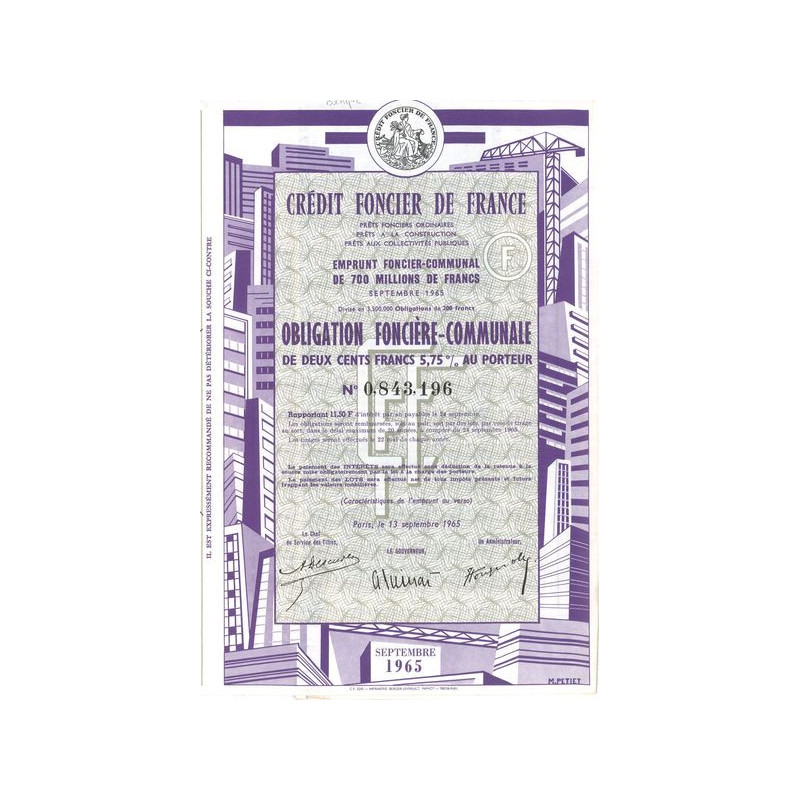 Crédit Foncier de France - Emprunt de 700 Millions de 1965 (Obl 5.75% 200 F)