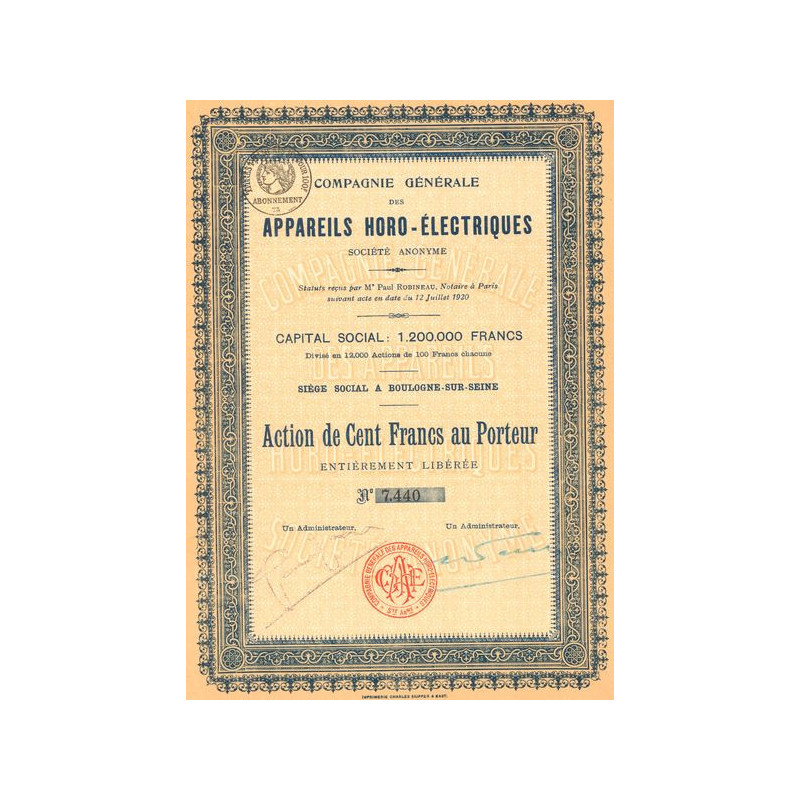 Cie Gale des Appareils Horo-Electriques S.A. (Act 100 F)