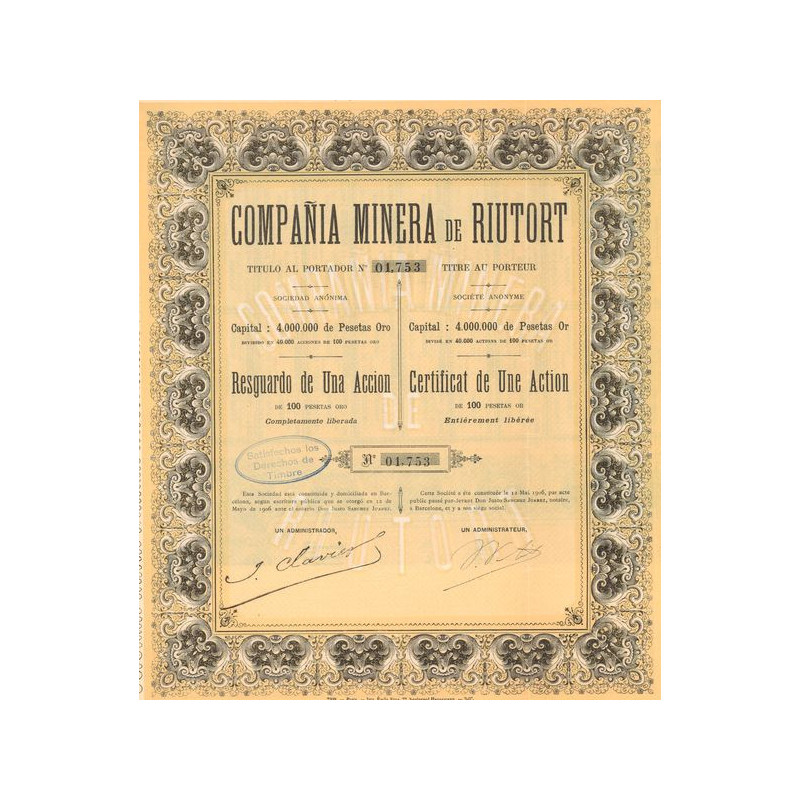 Compania Minera de Riutort (Act 100 Pesetas)