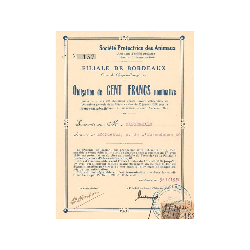 Sté Protectrice des Animaux (Obl 100 F)