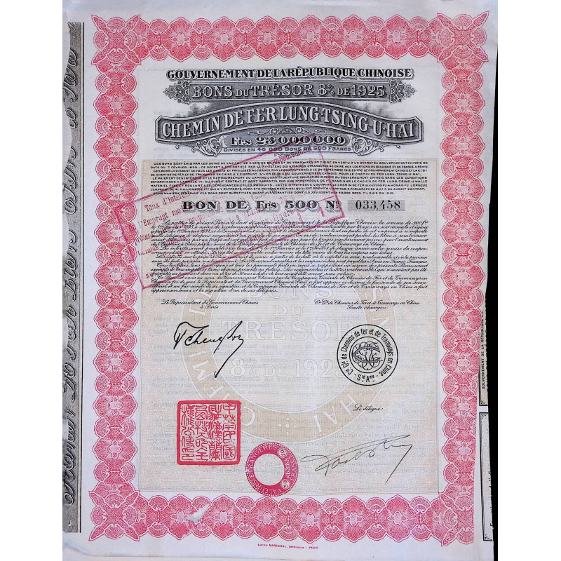 Chemin de Fer Lung-Tsing-U-Hai - Gouvernement de la République Chinoise - 8% Bonds 1925