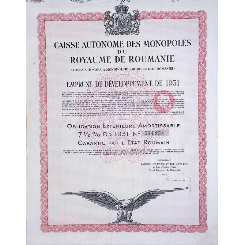 Caisse Autonome des Monopoles du Royaume de Roumanie - Emprunt de Développement de 1931