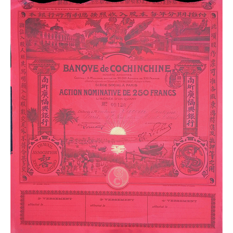 Banque de Cochinchine S.A - Action nominative de 250 francs