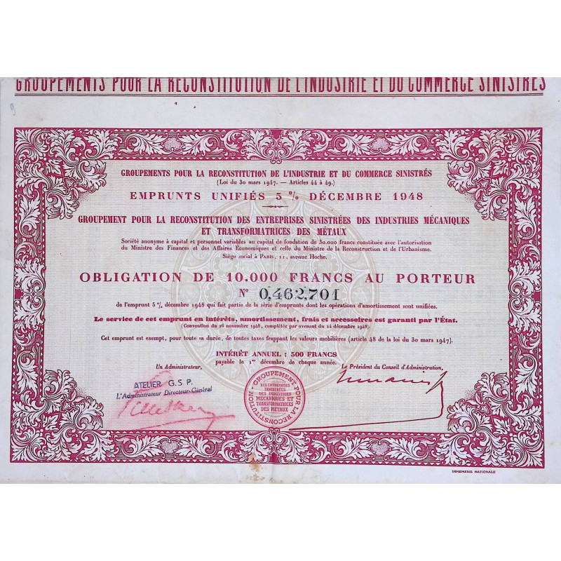 Groupements pour la Reconstitution de l'Industrie et du Commerce sinistrés - Emprunts Unifiés 5% Décembre 1948