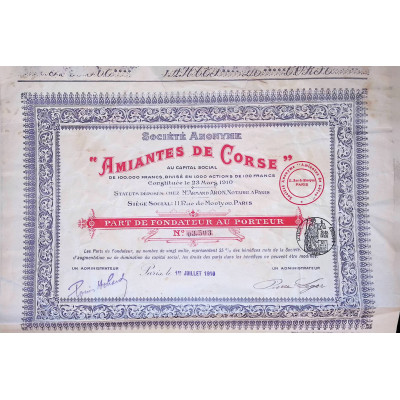 S.A des Amiantes de Corse - Part de Fondateur