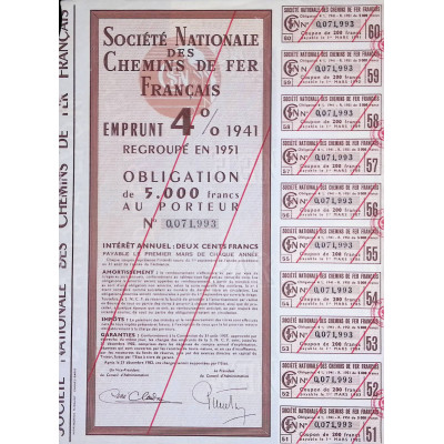 Sté Nationale des Chemins de Fer Français - Emprunt 4% 1941 - Obl 5000F