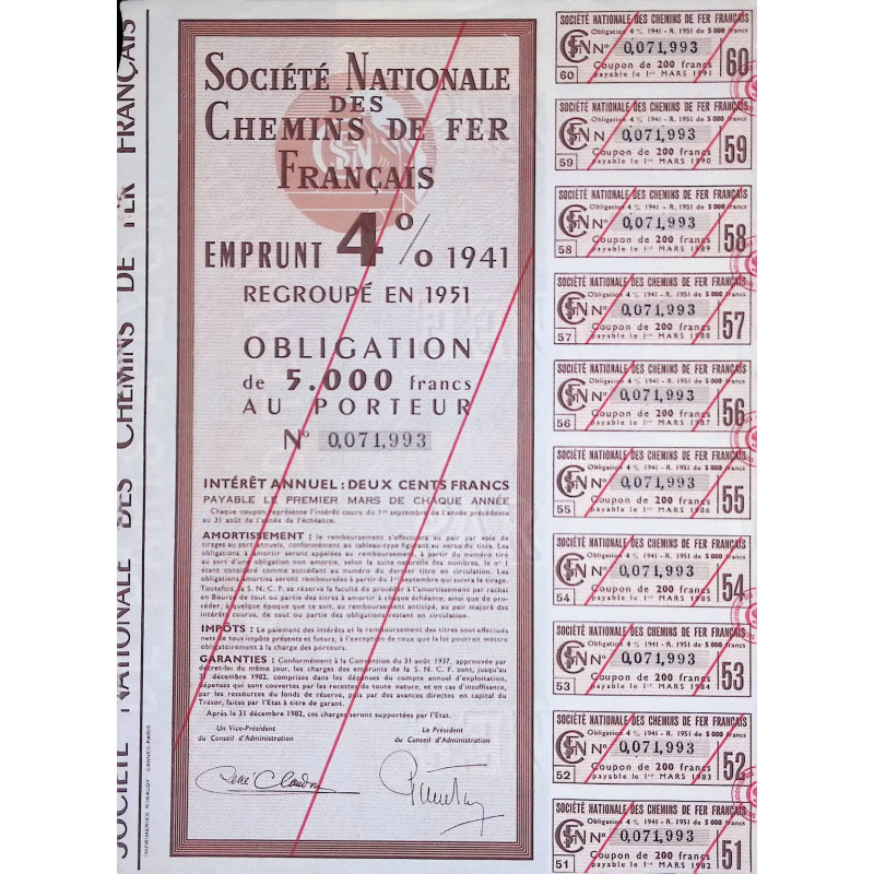 Sté Nationale des Chemins de Fer Français - Emprunt 4% 1941 - Obl 5000F