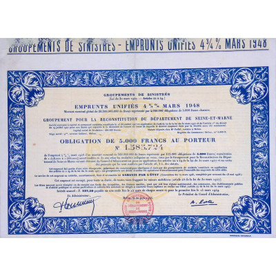 Groupements pour la Reconstitution de l'Industrie et du Commerce sinistrés - Emprunts Unifiés 4% Mars 1948