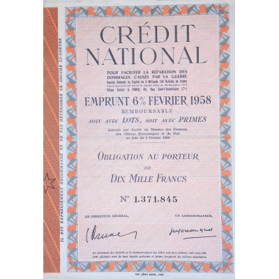 Crédit National - Emprunt 6% Février 1958 -  Obligation de 10.000F