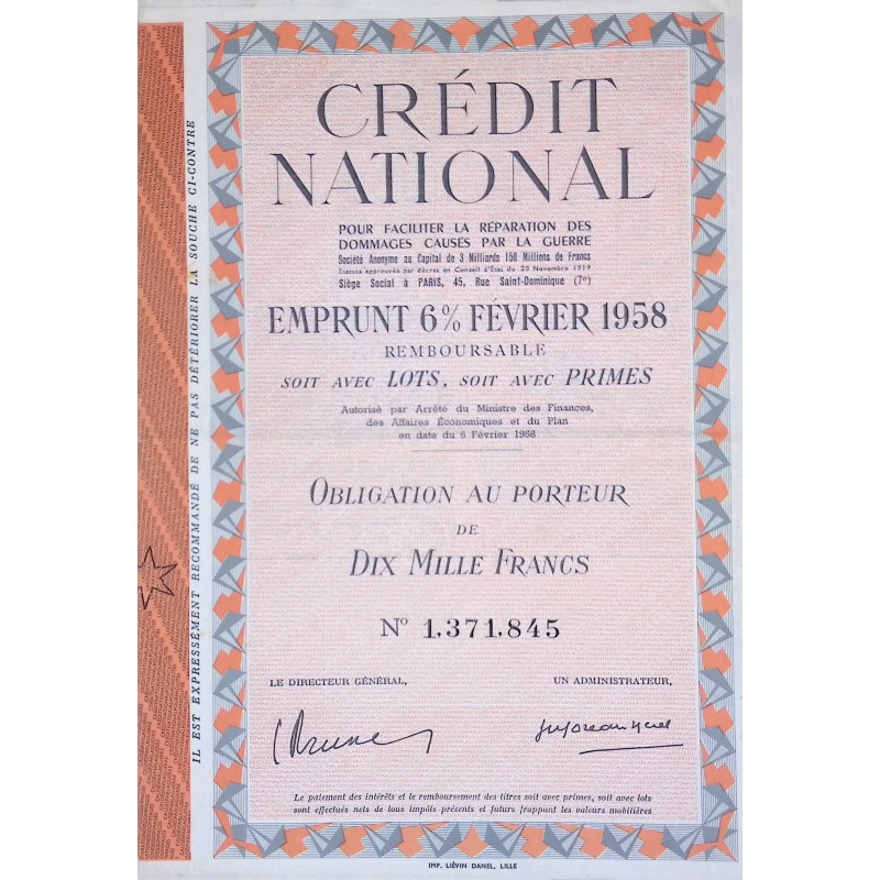 Crédit National - Emprunt 6% Février 1958 -  Obligation de 10.000F