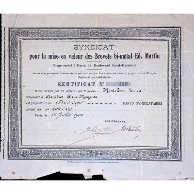 Syndicat pour la Mise en Valeur des Brevets Bi-métal Ed. Martin