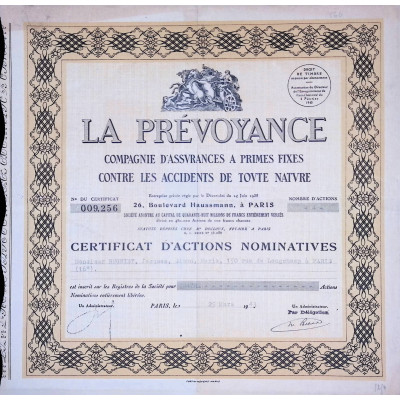 La Prévoyance - Cie d'Assurances à Primes Fixes Contre les Accidents de Toute Nature - Certif Act Nomin
