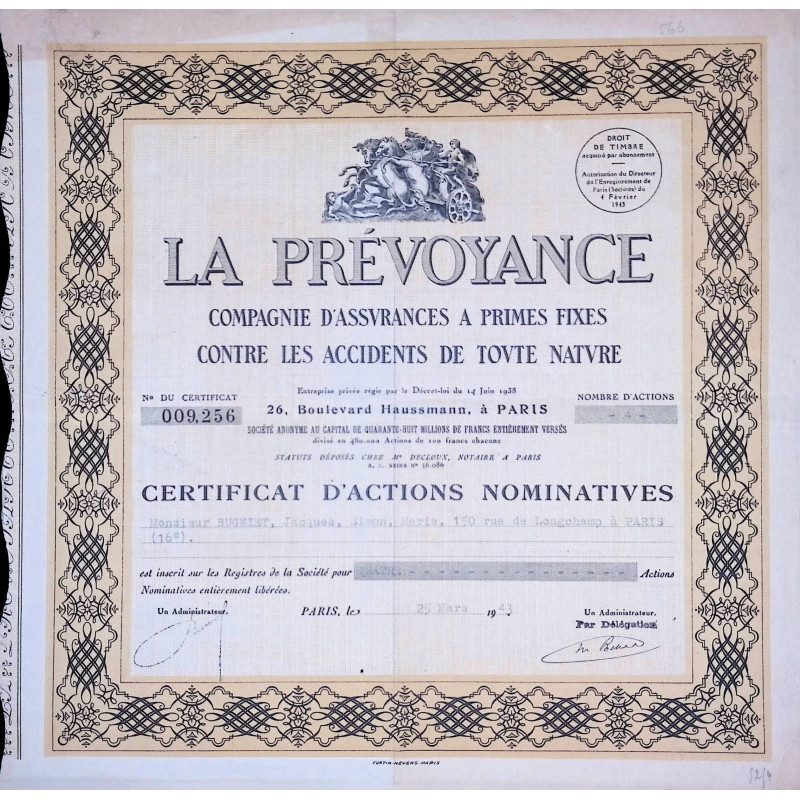 La Prévoyance - Cie d'Assurances à Primes Fixes Contre les Accidents de Toute Nature - Certif Act Nomin