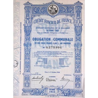 Crédit Foncier de France - Emprunt communal de 20 milliards - 1955 - Obl 10000F 5,5%