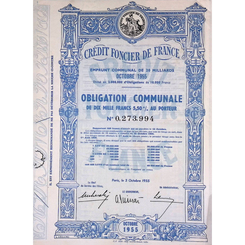 Crédit Foncier de France - Emprunt communal de 20 milliards - 1955 - Obl 10000F 5,5%