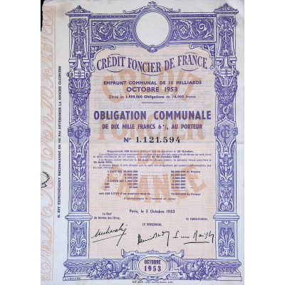 Crédit Foncier de France - Emprunt communal de 15 milliards - 1953 - Obl 10000F 6%