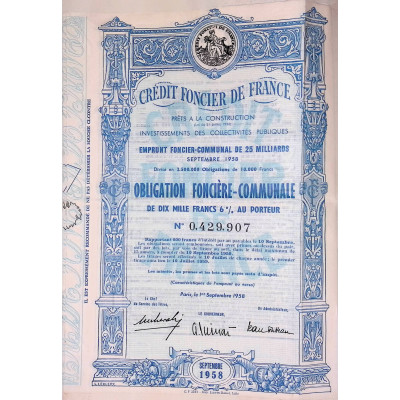 Crédit Foncier de France - Emprunt foncier-communal de 25 milliards - 1958 - Obl 10000F 6%