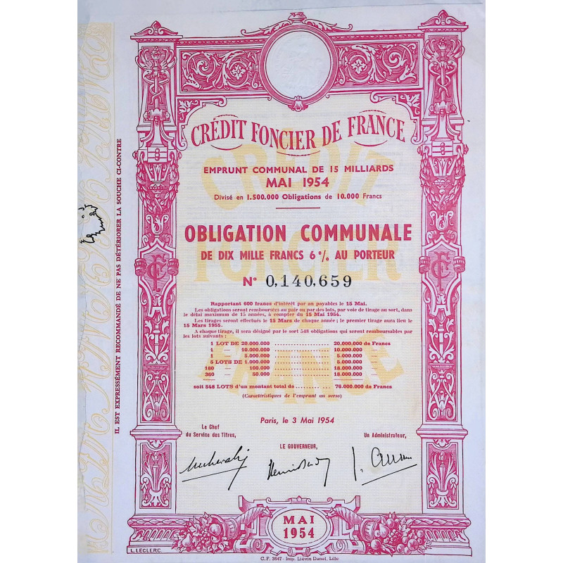 Crédit Foncier de France - Emprunt foncier-communal de 15 milliards - 1954 - Obl 10000F 6%