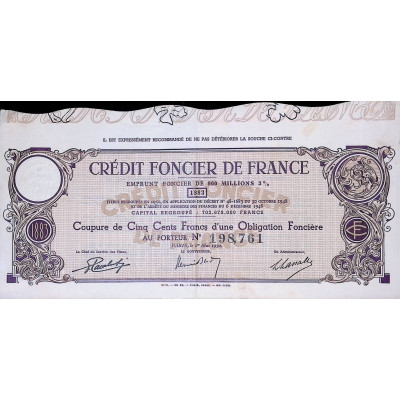 Crédit Foncier de France - Emprunt foncier de 900 millions - 1883 - Coupure de 500F d'une obligation foncière 3%