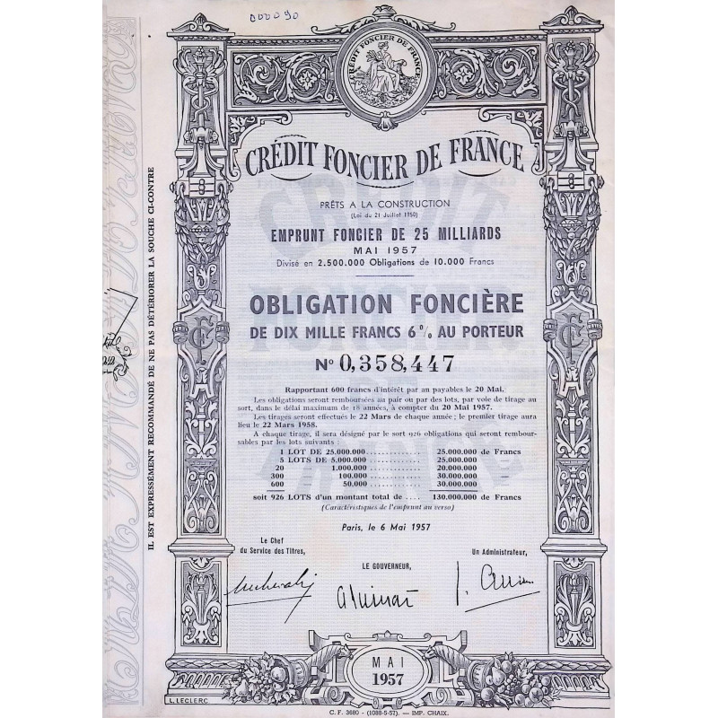Crédit Foncier de France - Emprunt foncier de 25 milliards - 1957 - Obl 10000F 6%