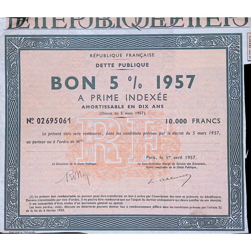 République Française - Dette Publique - Bon 5% 1957 à prime indexée amortissable en 10 ans - 10000F - Paris 1957