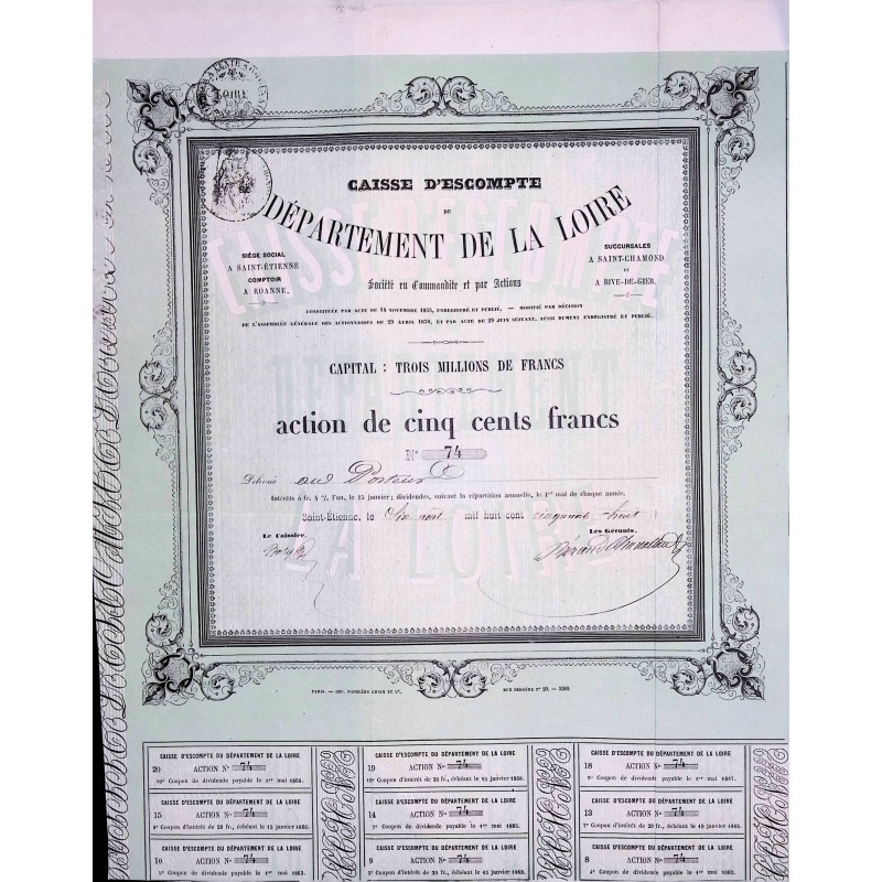 Caisse d'Escompte du Département de la Loire - Act 500F - 1858