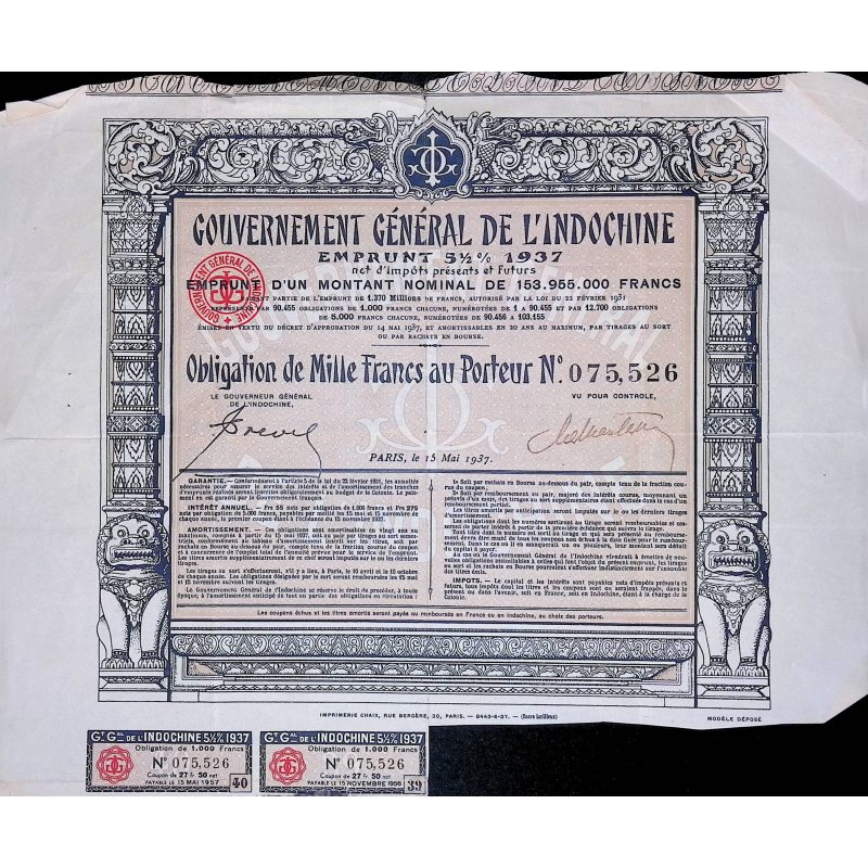 Gvt Général de l'Indochine - Emprunt 5,5% 1937 - 1000F