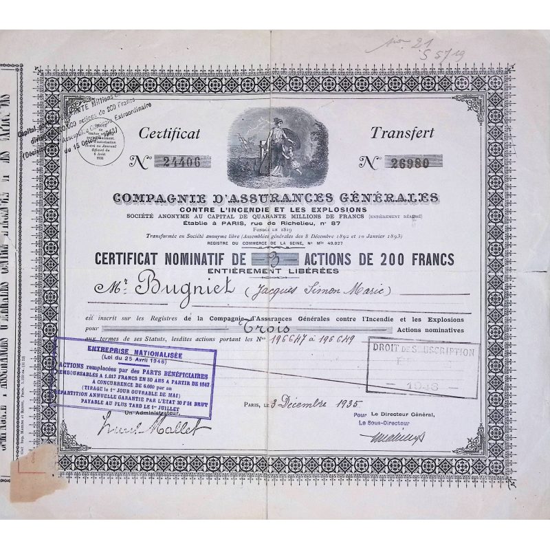 Cie d'Assurances Générales contre l'Incendie et les Explosions (CN de 3 Act)