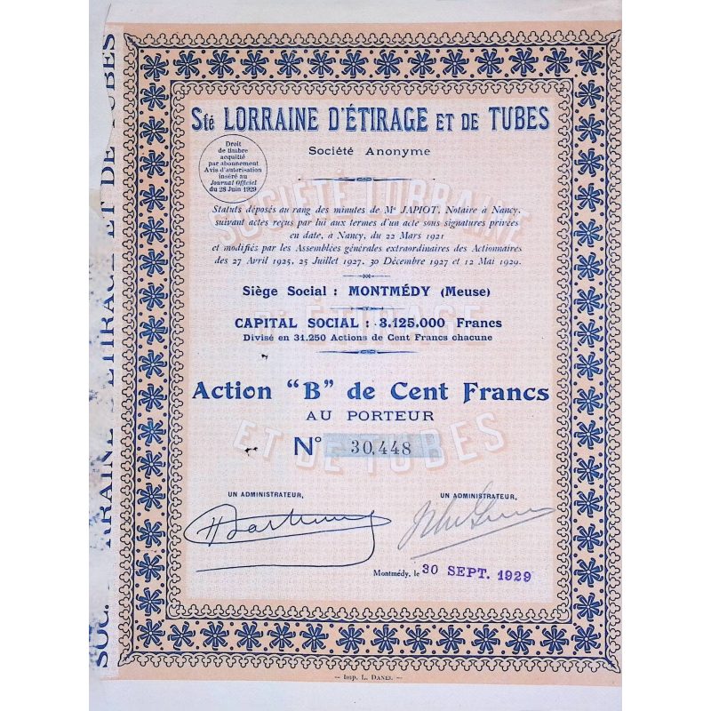 Sté Lorraine d'Etirages et de Tubes (Act B 100F)