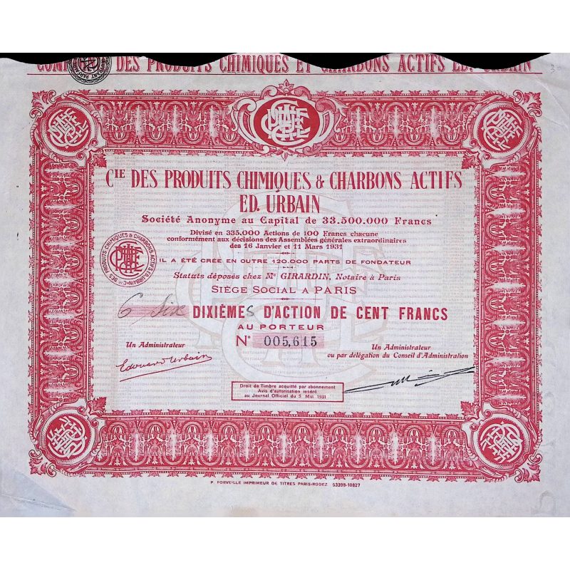 Cie des produits Chimiques & Charbons Actifs Ed. Urbain (6 10ème Act 100 F)