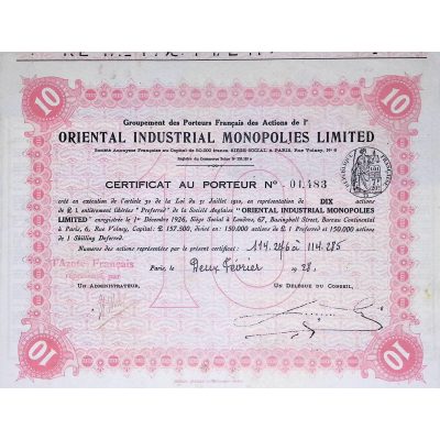 Groupement des Porteurs Français des Actions de l'Oriental Industrial Monopolies Limited