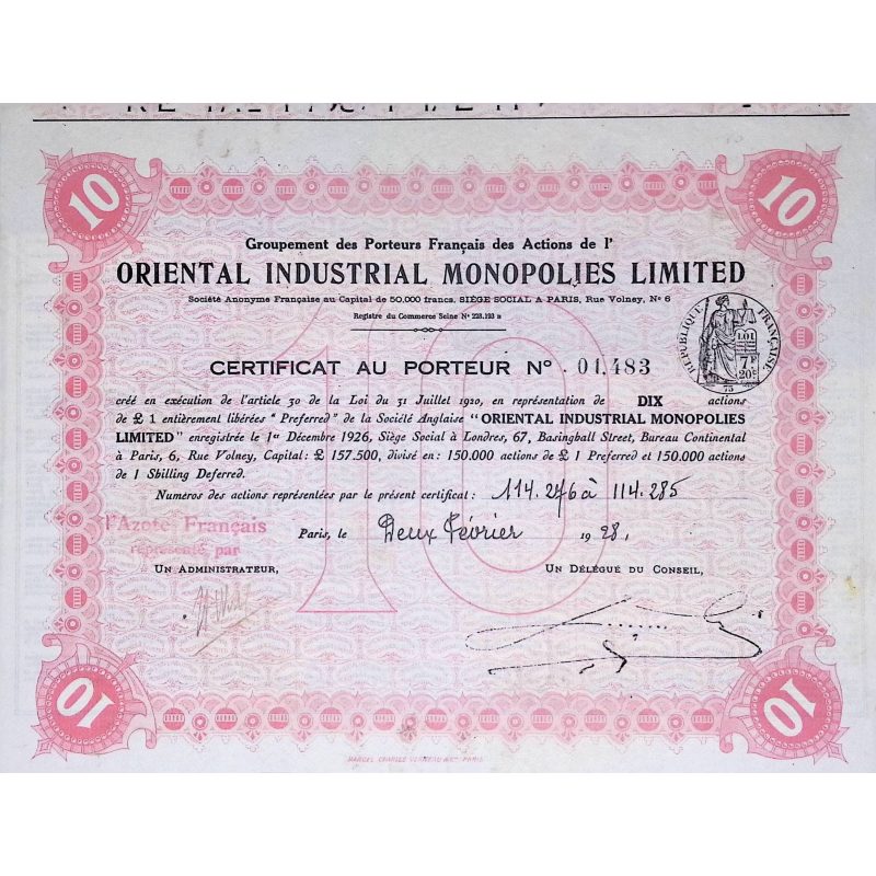 Groupement des Porteurs Français des Actions de l'Oriental Industrial Monopolies Limited