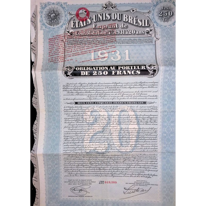 Etats-Unis du Brésil - Emprunt de Consolidation 5 % 1931 à 20 ans (Obl 500 F)